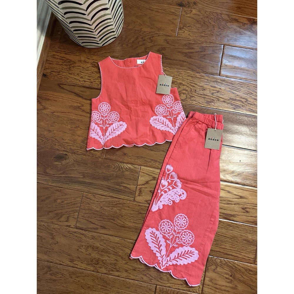 NWT Mini Boden Girls Embroidered Scallop Top Pants Set Spicy Red 3/4 5/6